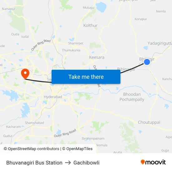 Bhuvanagiri Bus Station to Gachibowli map