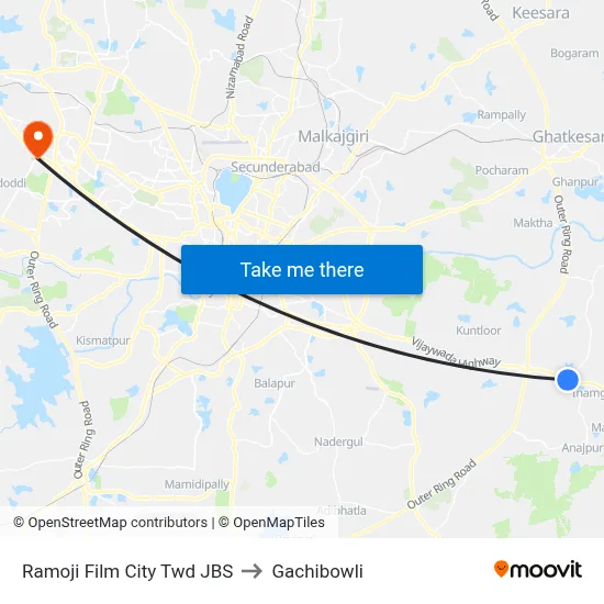 Ramoji Film City Twd JBS to Gachibowli map