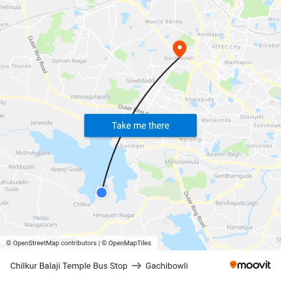 Chilkur Balaji Temple Bus Stop to Gachibowli map