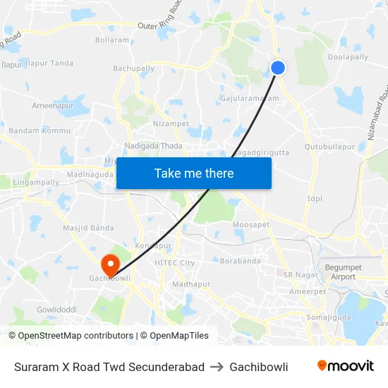 Suraram X Road Twd Secunderabad to Gachibowli map
