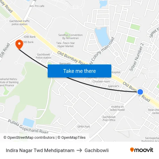 Indira Nagar Twd Mehdipatnam to Gachibowli map