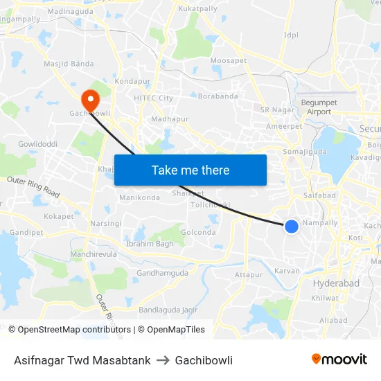 Asifnagar Twd Masabtank to Gachibowli map