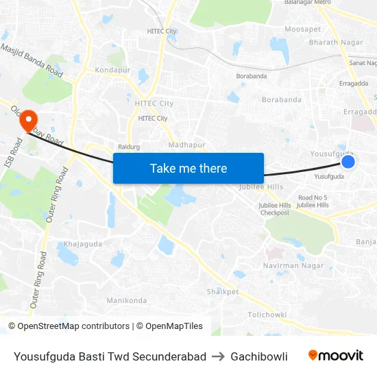Yousufguda Basti  Twd Secunderabad to Gachibowli map