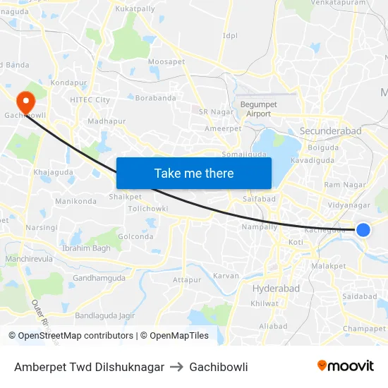 Amberpet Twd Dilshuknagar to Gachibowli map
