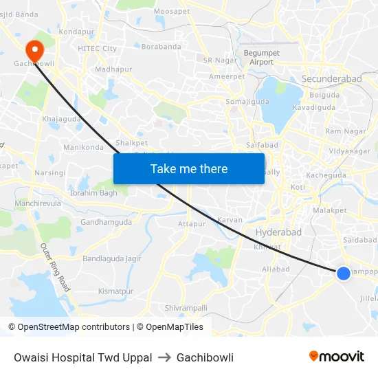 Owaisi Hospital Twd Uppal to Gachibowli map