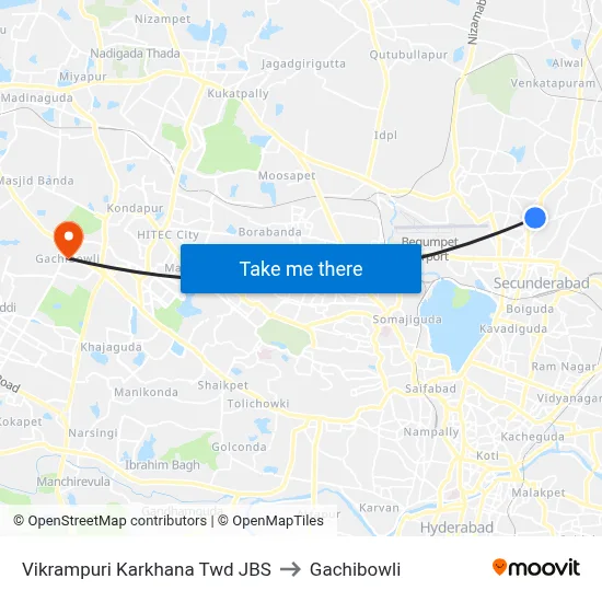 Vikrampuri Karkhana Twd JBS to Gachibowli map
