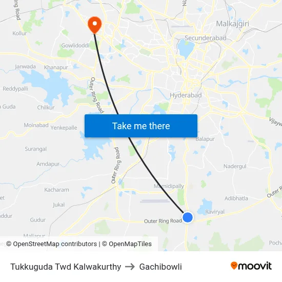 Tukkuguda Twd Kalwakurthy to Gachibowli map