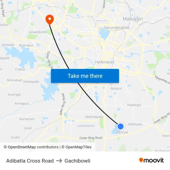 Adibatla Cross Road to Gachibowli map