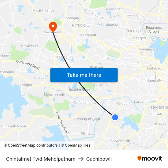 Chintalmet Twd Mehdipatnam to Gachibowli map
