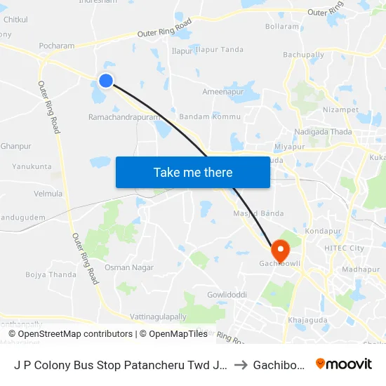 J P Colony Bus Stop Patancheru  Twd JBS to Gachibowli map