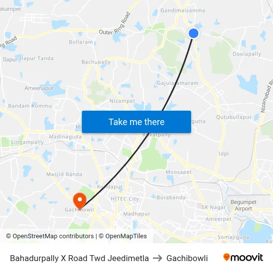 Bahadurpally X Road Twd Jeedimetla to Gachibowli map