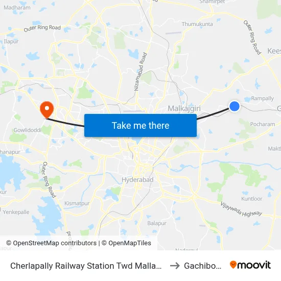 Cherlapally Railway Station Twd Mallapur to Gachibowli map
