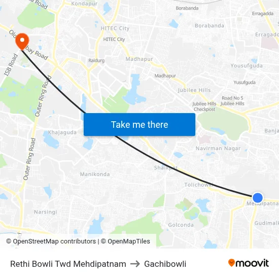 Rethi Bowli Twd Mehdipatnam to Gachibowli map
