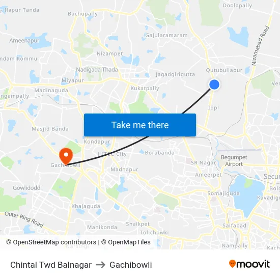 Chintal Twd Balnagar to Gachibowli map
