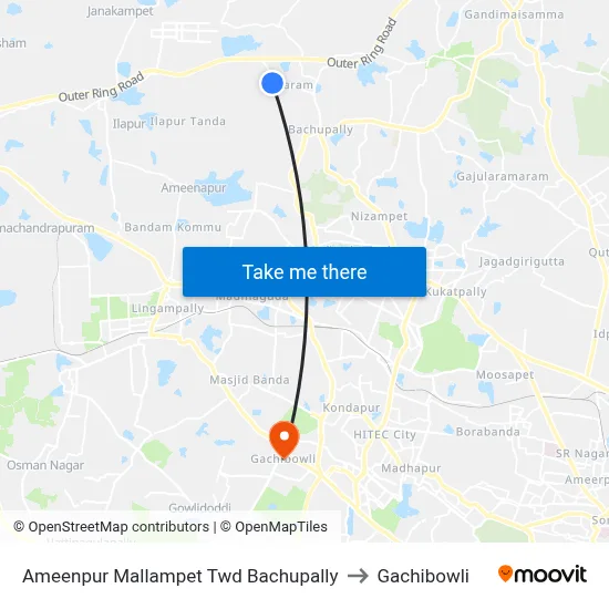 Ameenpur Mallampet Twd Bachupally to Gachibowli map