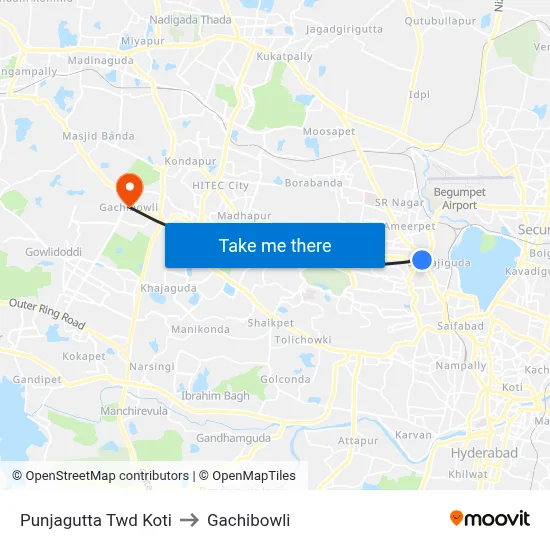 Punjagutta Twd Koti to Gachibowli map