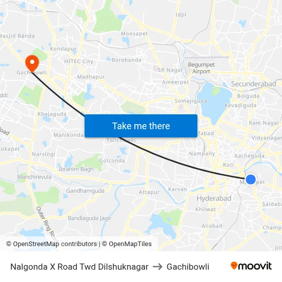 Nalgonda X Road Twd Dilshuknagar to Gachibowli map