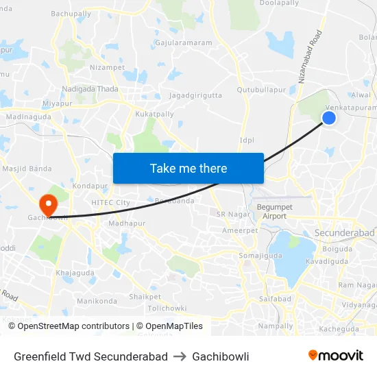 Greenfield Twd Secunderabad to Gachibowli map