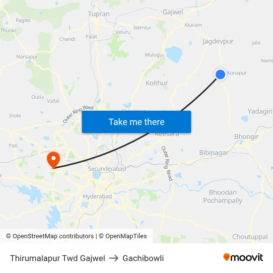 Thirumalapur Twd Gajwel to Gachibowli map