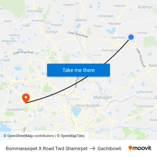 Bommarasipet X Road Twd Shamirpet to Gachibowli map