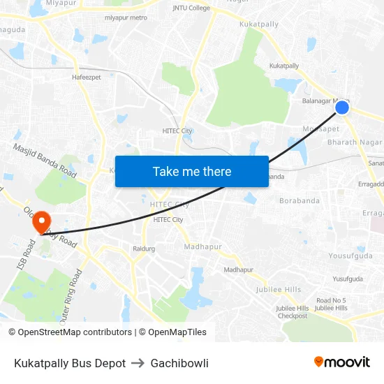 Kukatpally Bus Depot to Gachibowli map