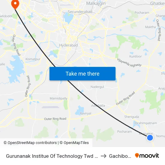 Gurunanak Institue Of Technology Twd Mall to Gachibowli map