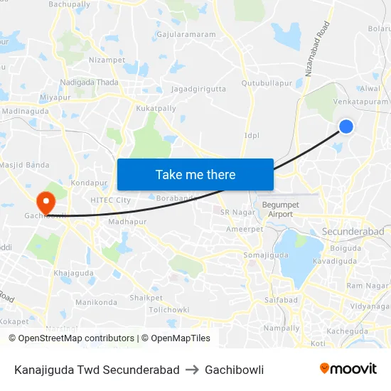 Kanajiguda Twd Secunderabad to Gachibowli map