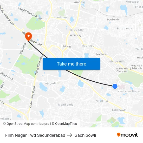 Film Nagar Twd Secunderabad to Gachibowli map
