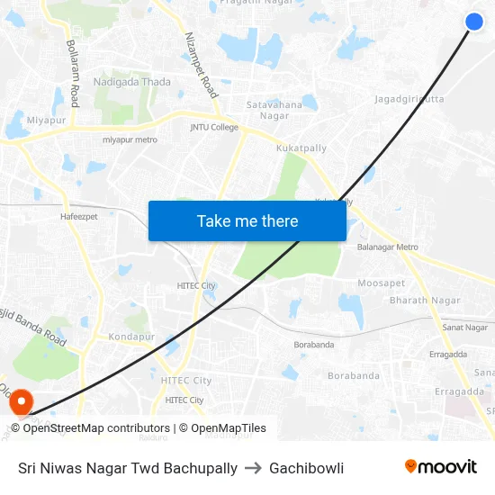 Sri Niwas Nagar Twd Bachupally to Gachibowli map