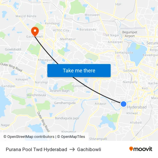 Purana Pool Twd Hyderabad to Gachibowli map