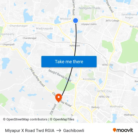 Miyapur X Road Twd RGIA to Gachibowli map