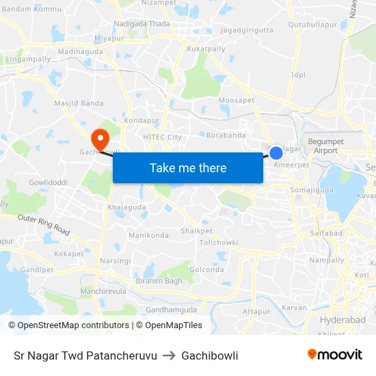 Sr Nagar Twd Patancheruvu to Gachibowli map