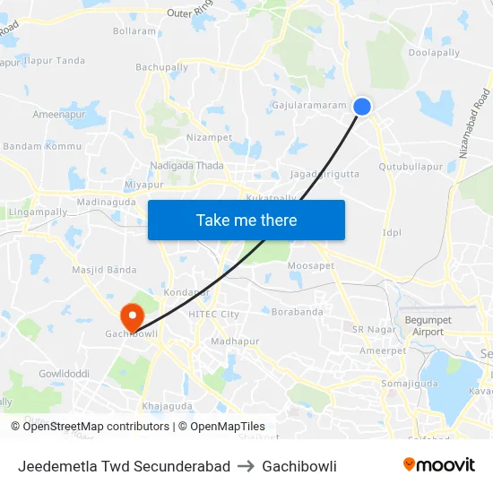 Jeedemetla Twd Secunderabad to Gachibowli map