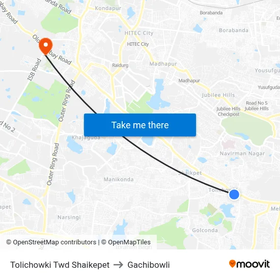 Tolichowki Twd Shaikepet to Gachibowli map