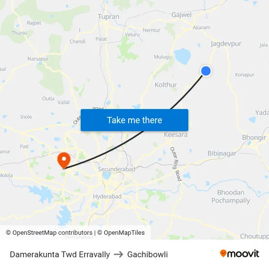 Damerakunta Twd Erravally to Gachibowli map