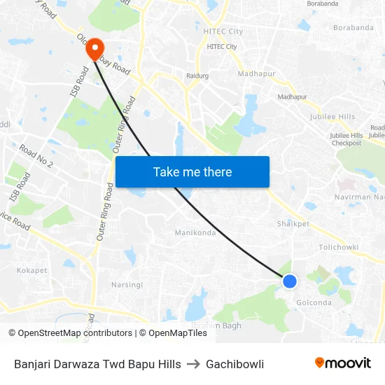 Banjari Darwaza Twd Bapu Hills to Gachibowli map