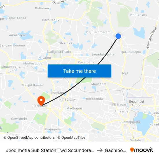 Jeedimetla Sub Station Twd Secunderabad to Gachibowli map