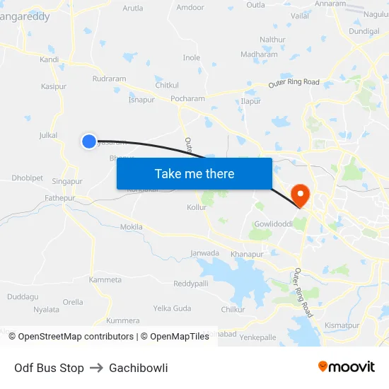 Odf Bus Stop to Gachibowli map