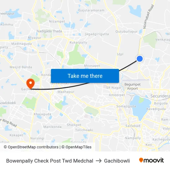 Bowenpally Check Post Twd Medchal to Gachibowli map
