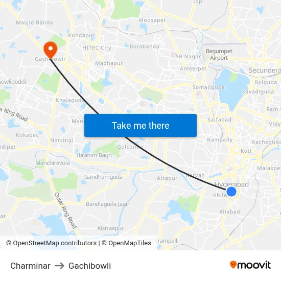 Charminar to Gachibowli map