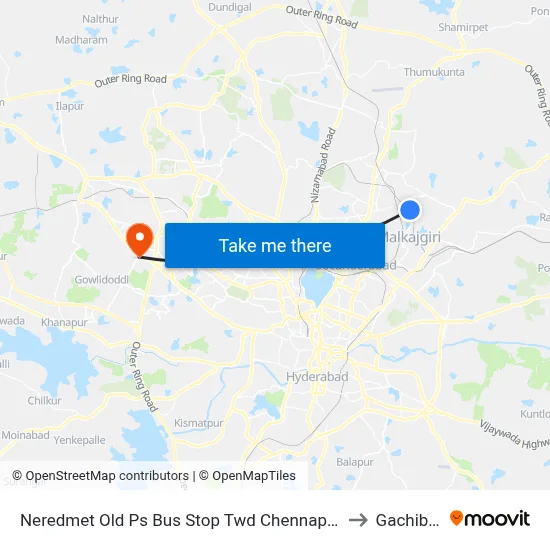 Neredmet Old Ps Bus Stop Twd Chennapur Ntr Statue to Gachibowli map