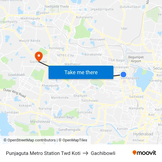 Punjaguta Metro Station Twd Koti to Gachibowli map
