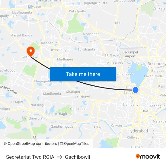 Secretariat Twd RGIA to Gachibowli map