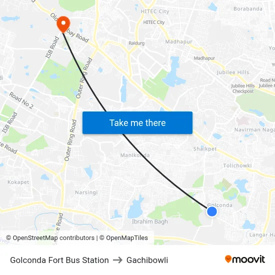 Golconda Fort Bus Station to Gachibowli map