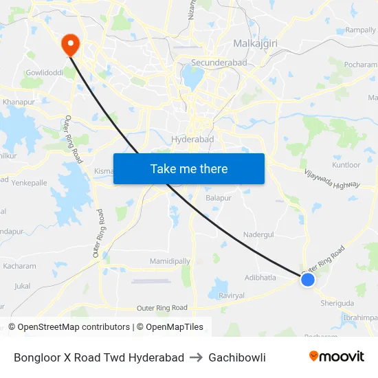 Bongloor X Road Twd Hyderabad to Gachibowli map