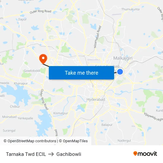 Tarnaka Twd ECIL to Gachibowli map