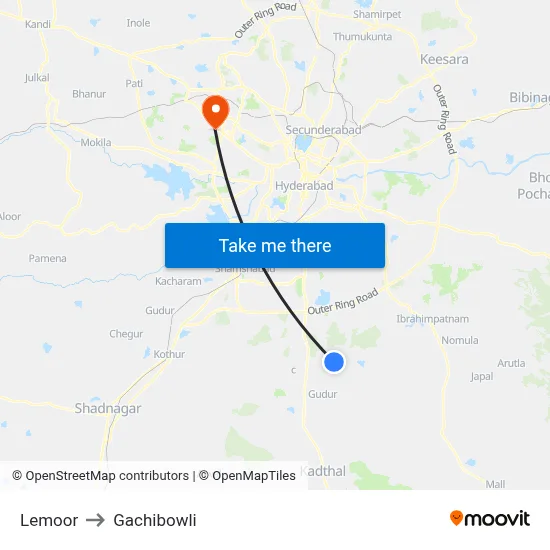 Lemoor to Gachibowli map