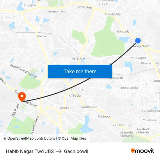 Habib Nagar Twd JBS to Gachibowli map