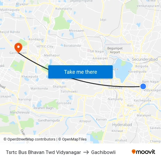 Tsrtc Bus Bhavan Twd Vidyanagar to Gachibowli map