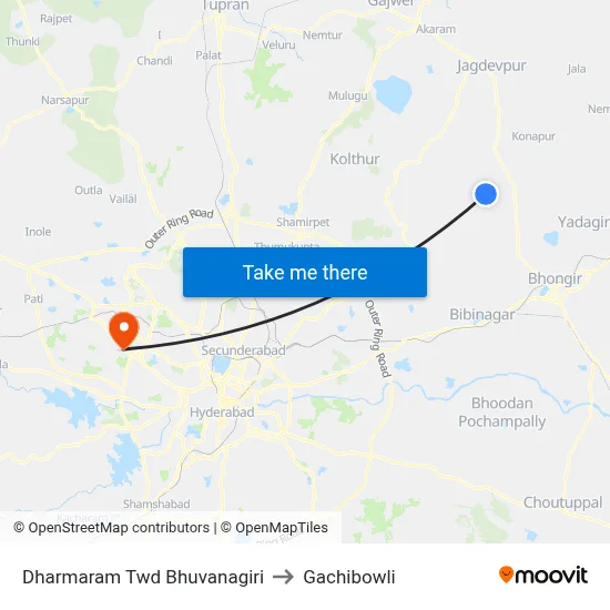 Dharmaram Twd Bhuvanagiri to Gachibowli map